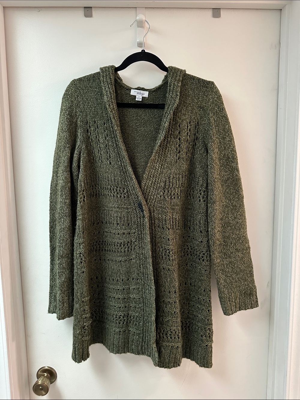 Indigo Olive Open-Front Hooded Knit Cardigan